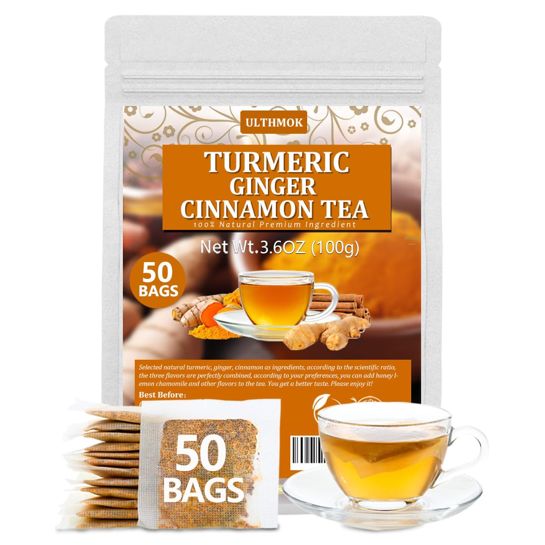 50 enhanced Turmeric  Ginger  Cinnamon Blend Tea Bags  100% Natural & No Additives & Caffeine Free.