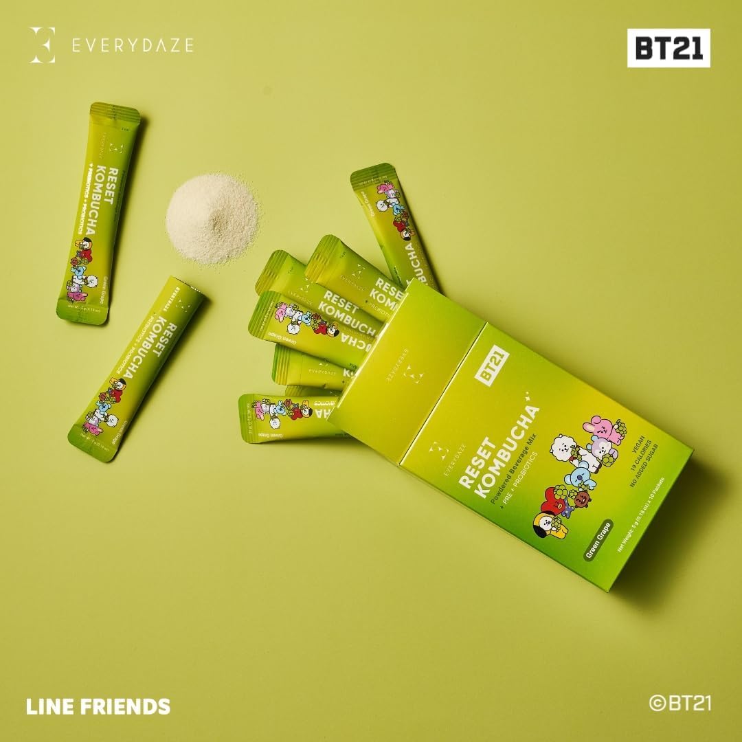 Everydaze Bt21 Reset Kombucha Tea Powdered Beverage Mix | 10 Sticks | Prebiotics + Probiotics | Vegan | No Added Sugar, Gluten F