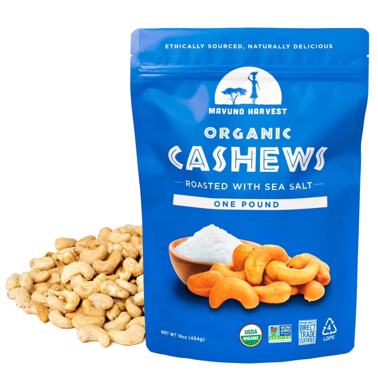 Mavuno Harvest Organic Roasted Cashews With Sea Salt | Dry Roasted Whole Cashew Nuts | Vegan, Non Gmo Healthy Snacks For Kids And Adults | Office Friendly Work Snack | 16 Ounce, Pack Of 1