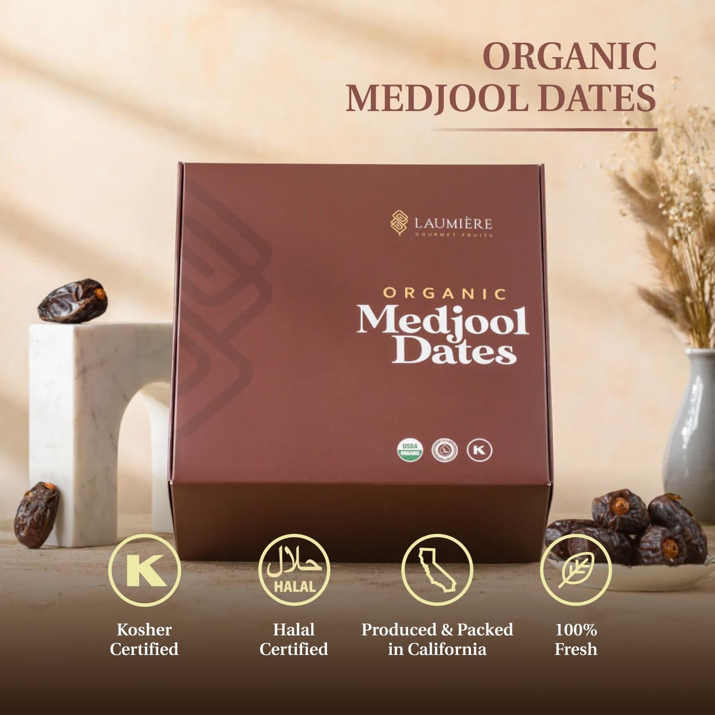 Laumiere Gourmet Fruits - Organic Jumbo Medjool Dates - Halal - 4.4 Lbs - Hygienic Tray Pack - Sealed With Nitrogen - Produced A