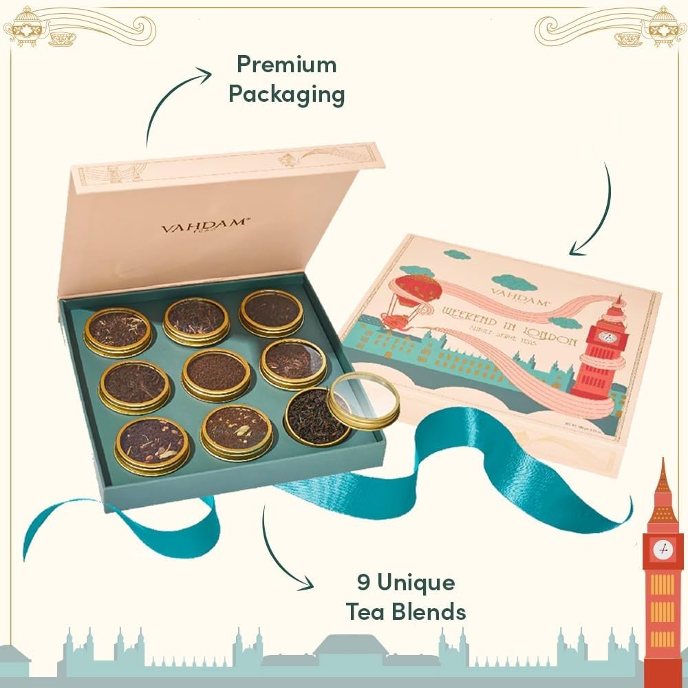 VAHDAM Weekend In London Tea Gift Set, 9 Varieties, Travel Edition, 3.5oz, Gluten Free, Non-GMO, 50+ Cups