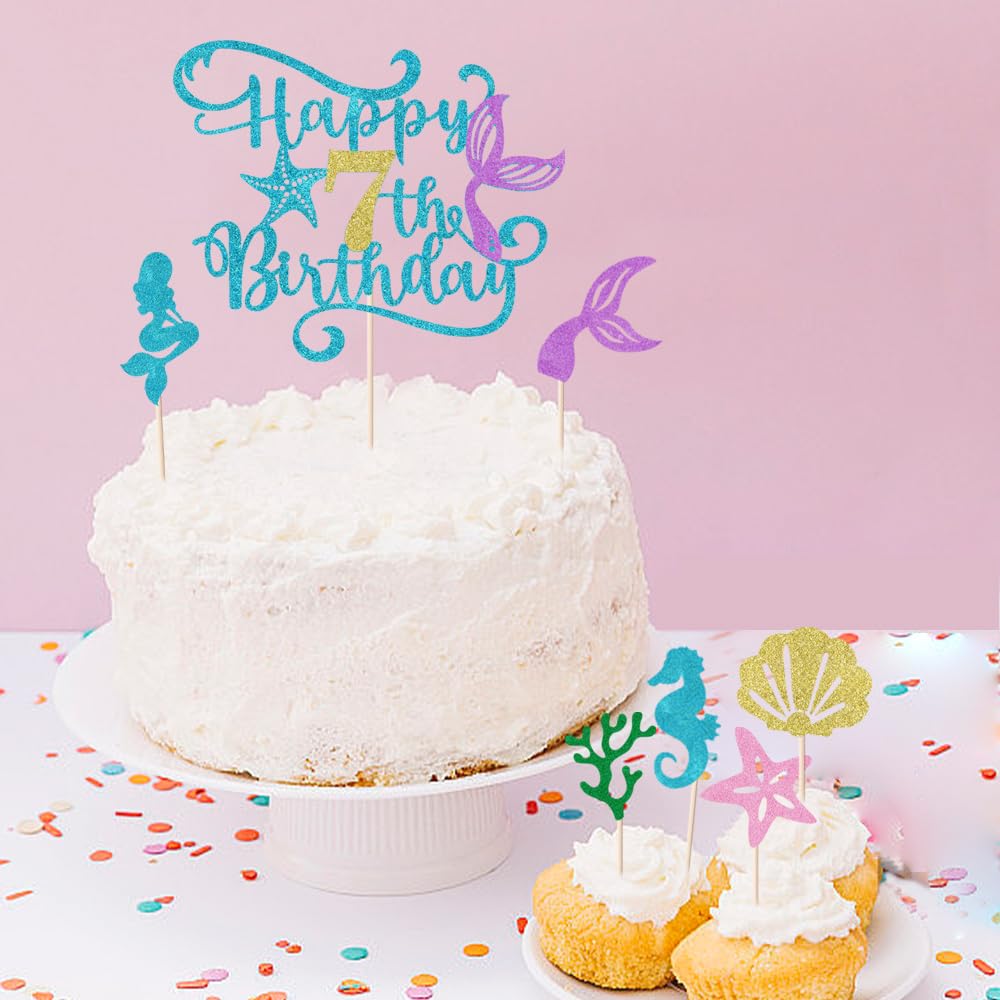 Sodasos 7Pcs Glitter Mermaid Happy Birthday Cake Topper - Mermaid Cake Topper,Under The Sea Themed, Baby Shower Birthday Party S
