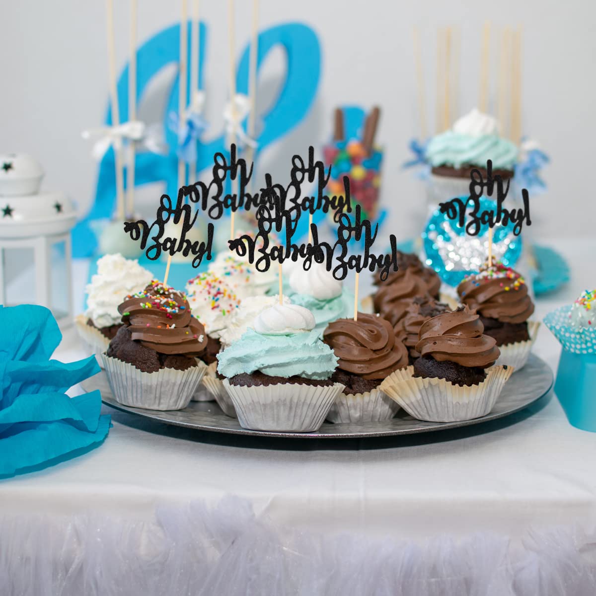 Donoter 48 Pcs Black Glitter Oh Baby Cupcake Topper Picks For Baby Shower Gender Reveal Party Cake Decorations