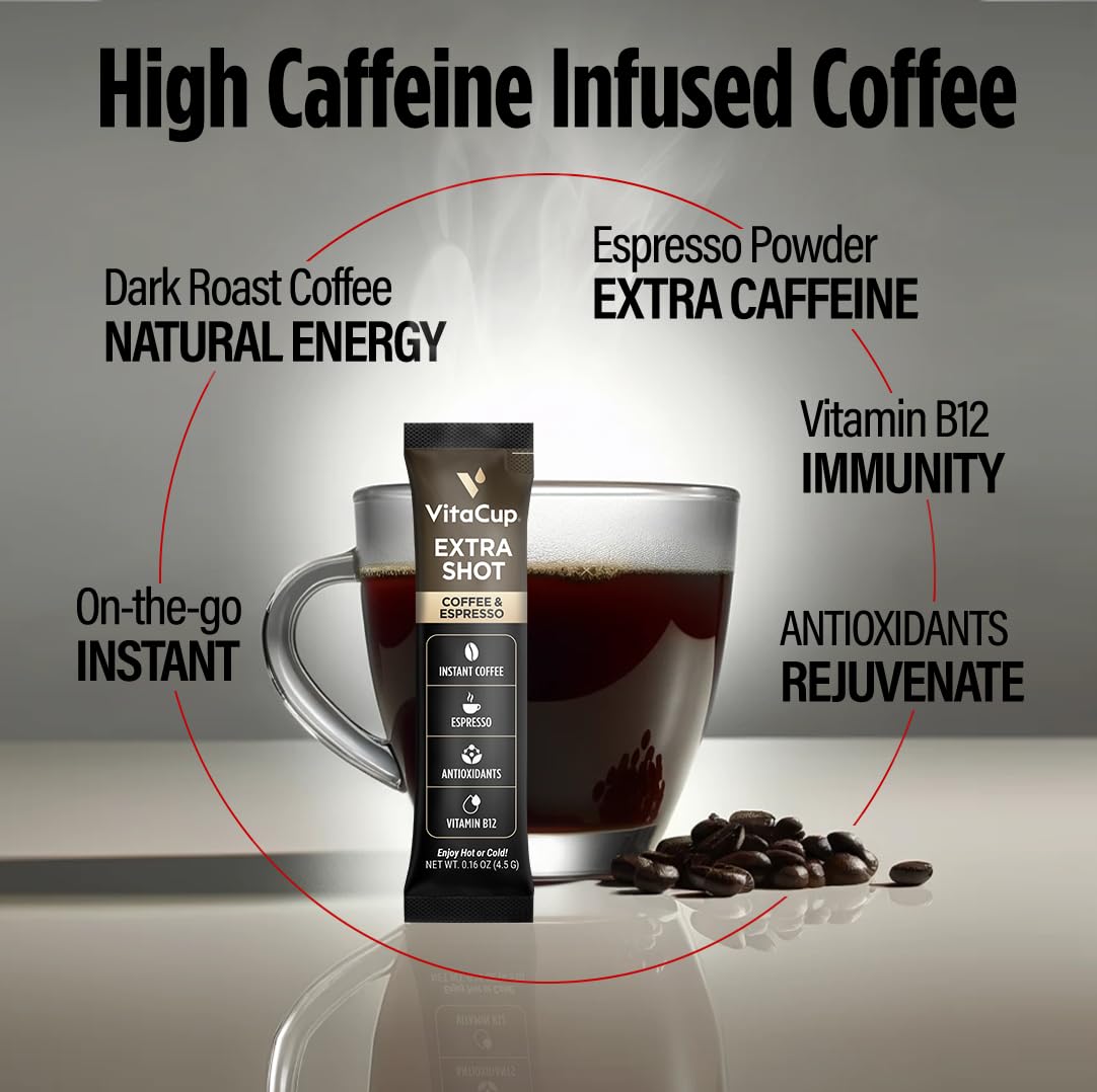 VitaCup Extra Shot Instant Coffee Packets, Bold Dark Roast with Vitamin B12, 24 Count