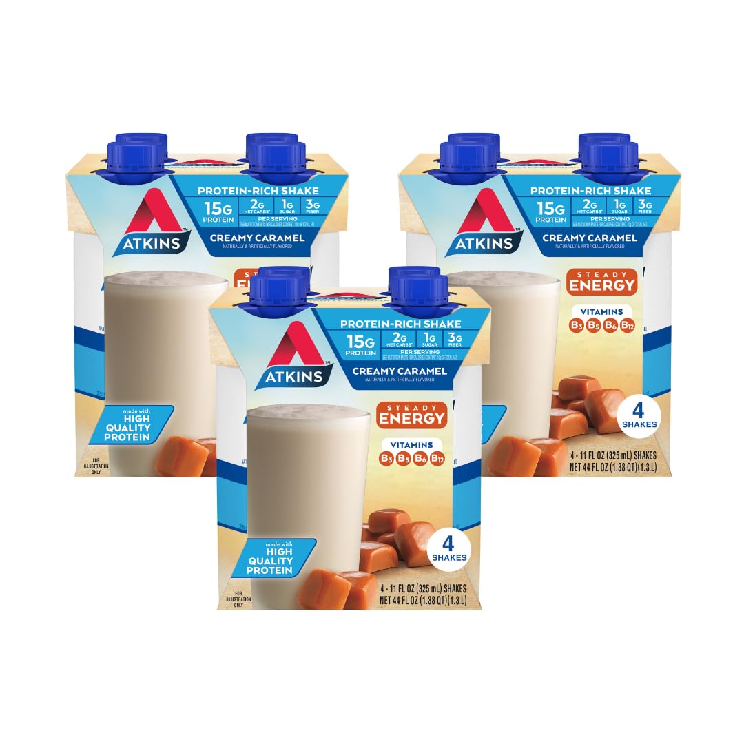 Atkins Energy Shake Creamy Caramel, With B Vitamins And Protein. Keto-Friendly And Gluten Free 4 Count(Pack Of 3)