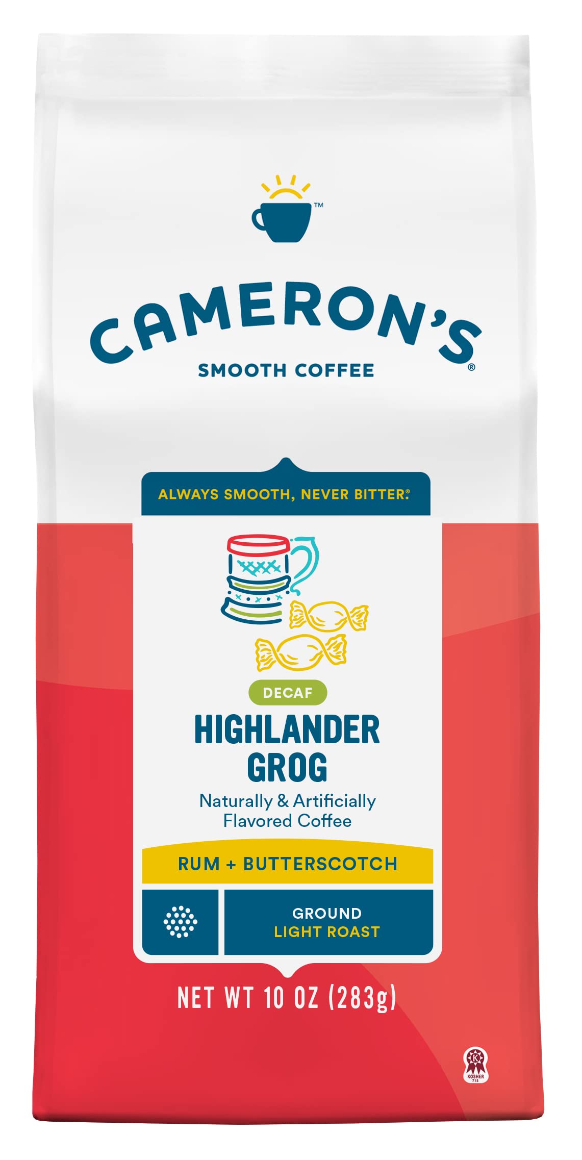 Camerons Coffee Roasted Ground Coffee Bag, Flavored, Decaf Highlander Grog, 10 Ounce