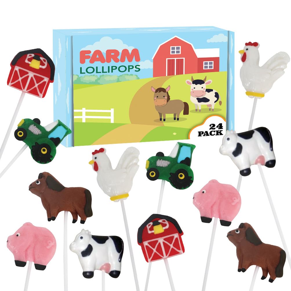 Farm Candy Lollipops - 24 Individually Wrapped Suckers Bulk - Cute Farm Animal Party Favors - Barn, Tractor, Horse, Cow, Chicken