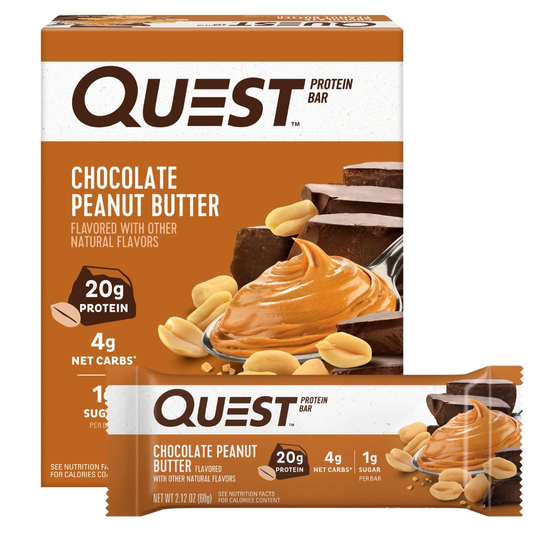 Quest Nutrition Protein Bars, Chocolate Peanut Butter, 20g Protein, 1g Sugar, 5g Net Carb, Gluten Free, Keto Friendly, Pack of 4