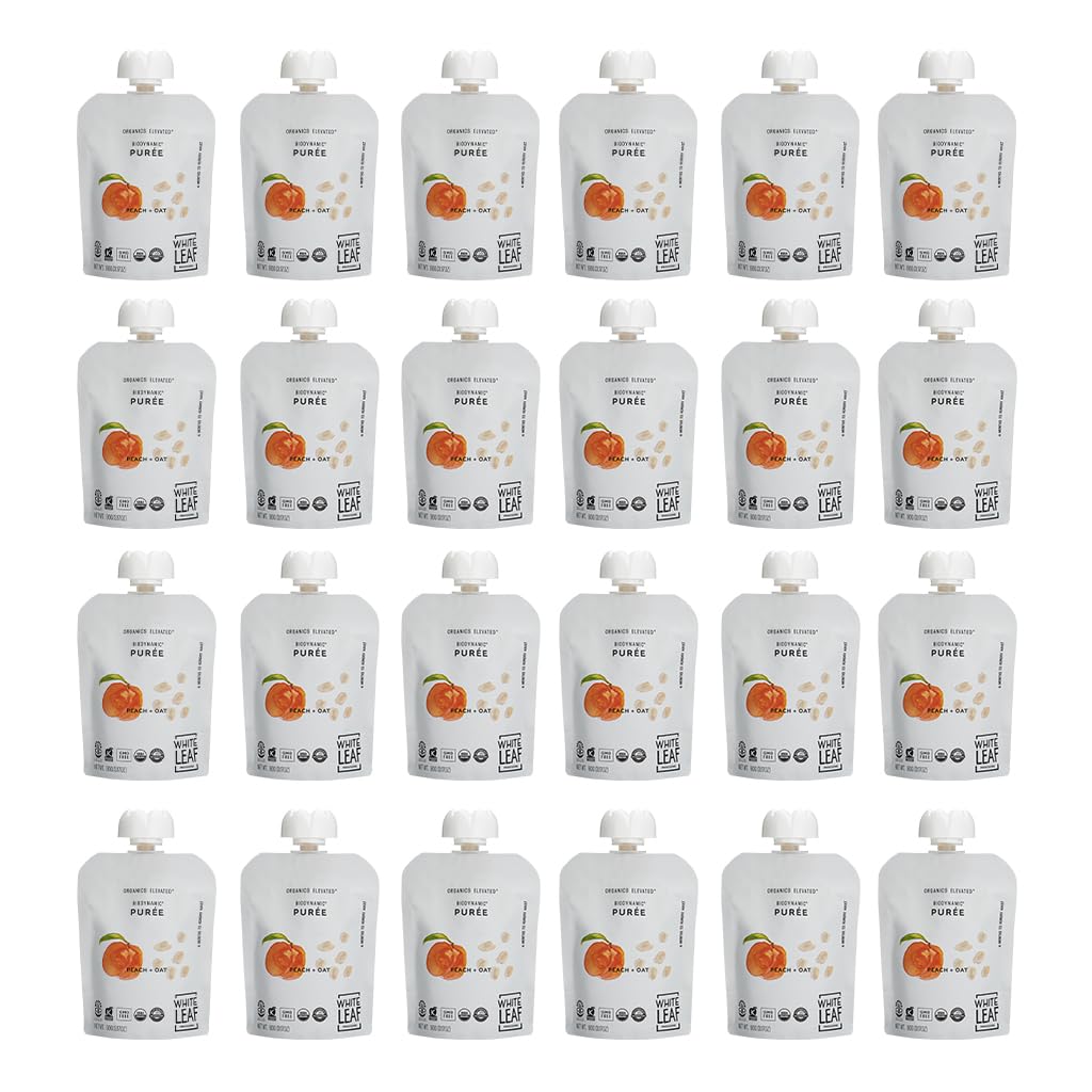 White Leaf Provisions Organic Purees/Baby Food Pouches - Fruits, Veggies & Grains, Toddler Snack, Regeneratively Farmed, No Added Sugar, Non-Gmo, Bpa-Free Pouches 3.17 Oz (Pack Of 24, Peach + Oat)