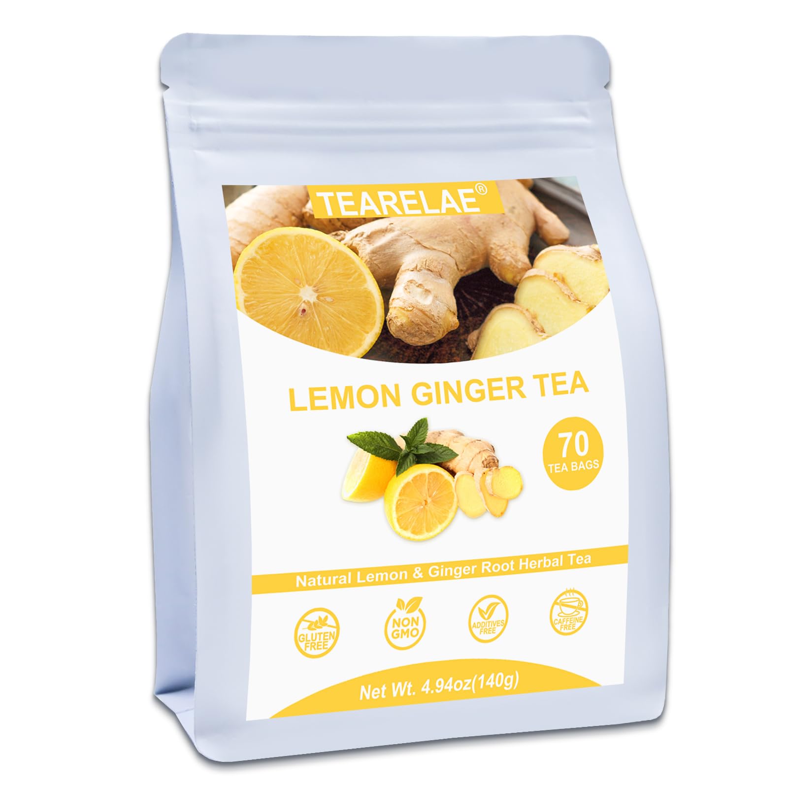 TEARELAE Lemon Ginger Tea Bags - Herbal Tea with Ginger Root & Lemongrass - 70 Count - Caffeine-free, Non-GMO