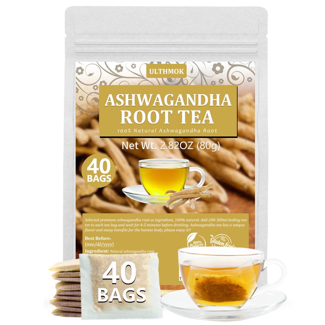 Top-Grade 40 Ashwagandha Tea Bags  Made With 100% Wild Ashwagandha Root  No Additives & Energy Blend Free.