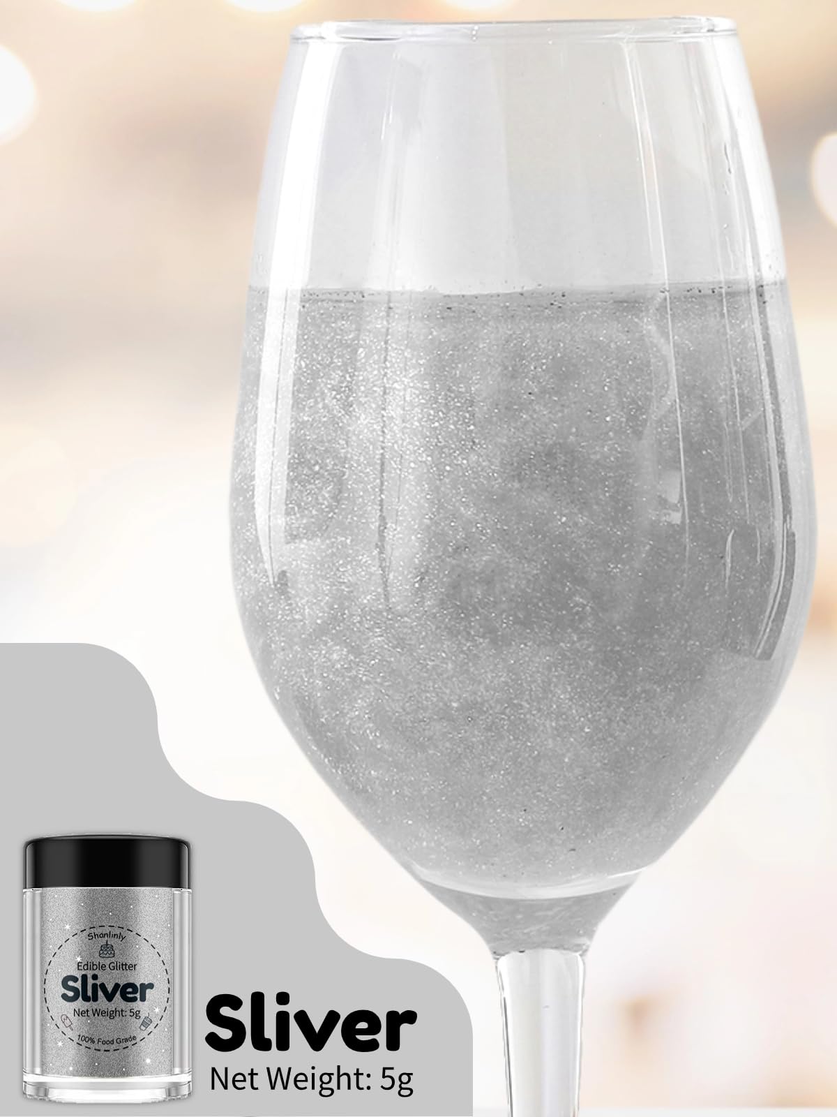 Shanlinly Silver Edible Glitter - Food Grade Shimmer Dust for Cakes, Cookies, Cocktails - 5g