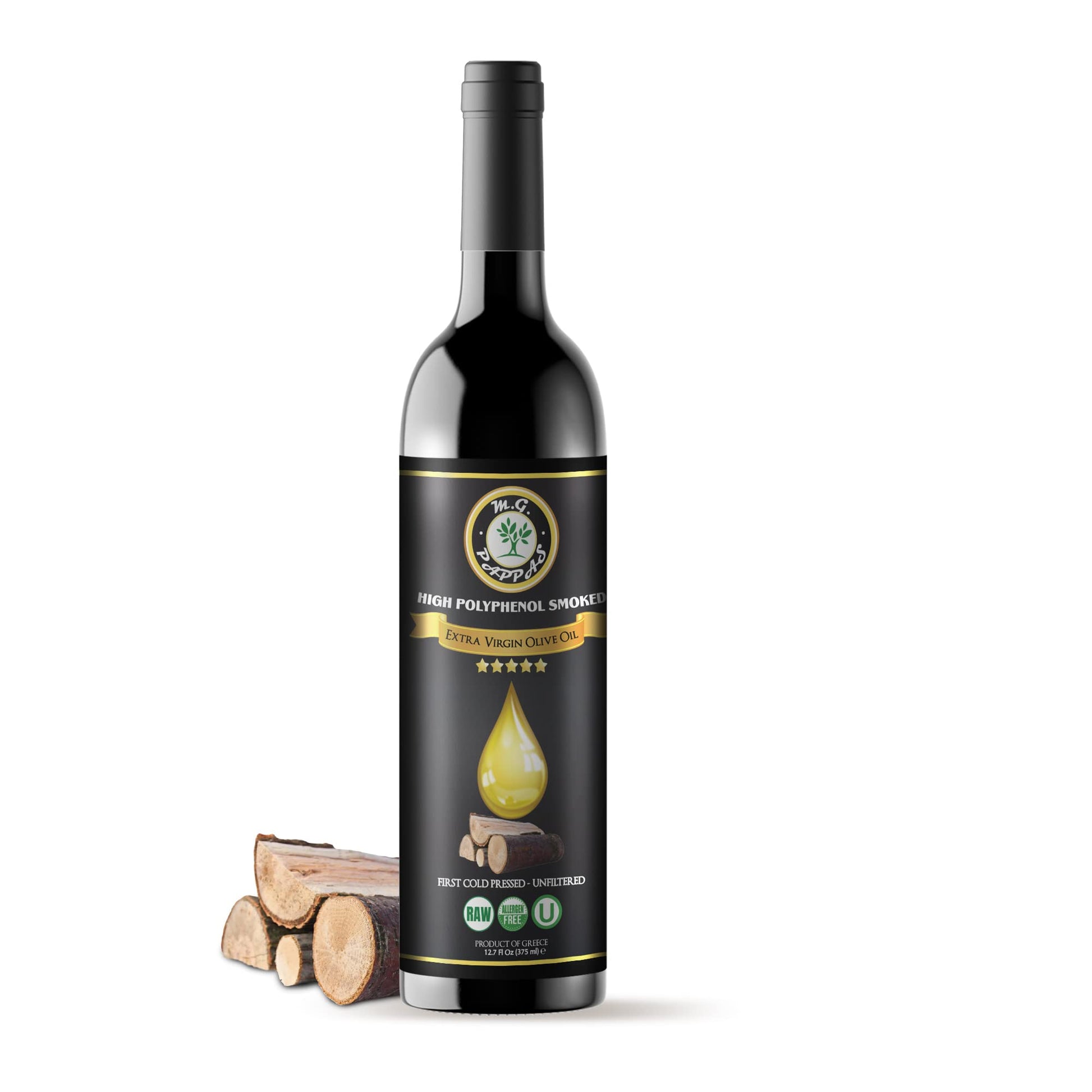 M.G. Pappas High Polyphenol Rich Smoked Infused Olive Oil Extra Virgin - Over 500Mg/Kg- Unfiltered First Cold Pressed Greek Evoo - Award Winning – 12.7 Oz 375Ml