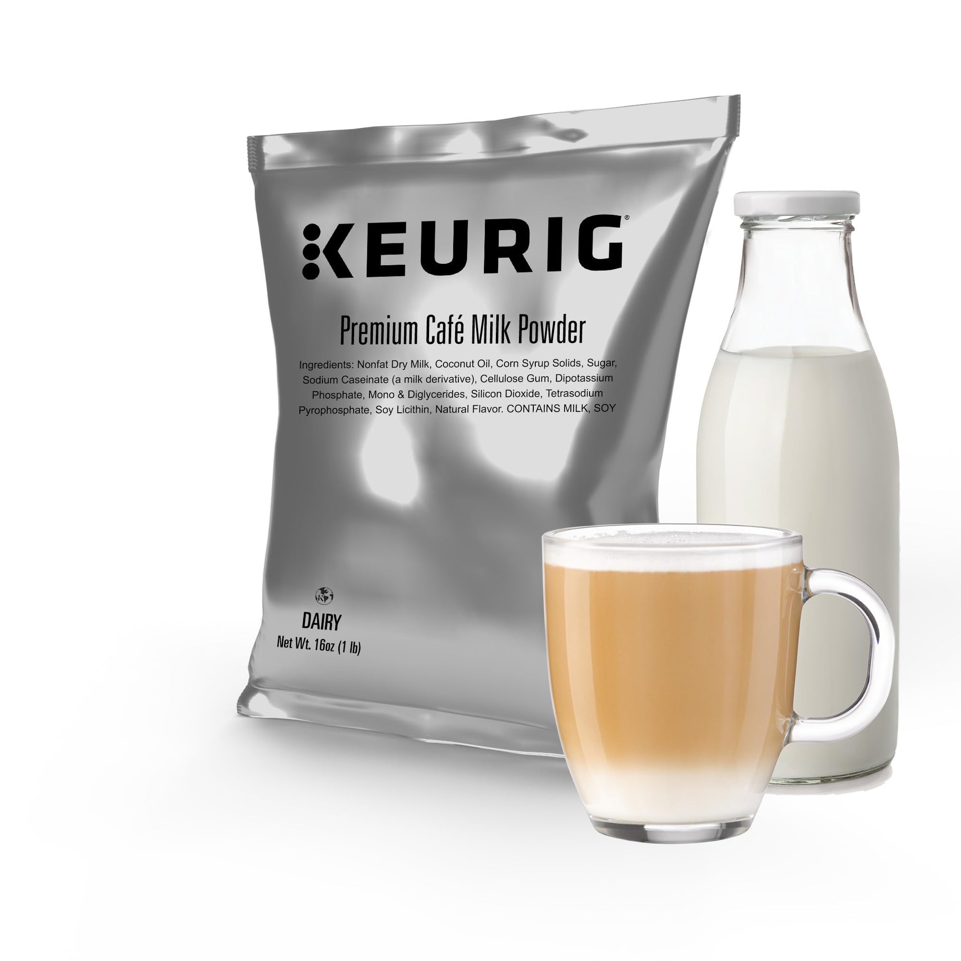 Keurig enhanced Caf? Milk Powder  1lb Bag  Specialty Beverage Base for Lattes & Cappuccinos  Makes about 30 Drinks  For Keurig Commercial malt-inspired  Contains Milk & Soy  12 Pack