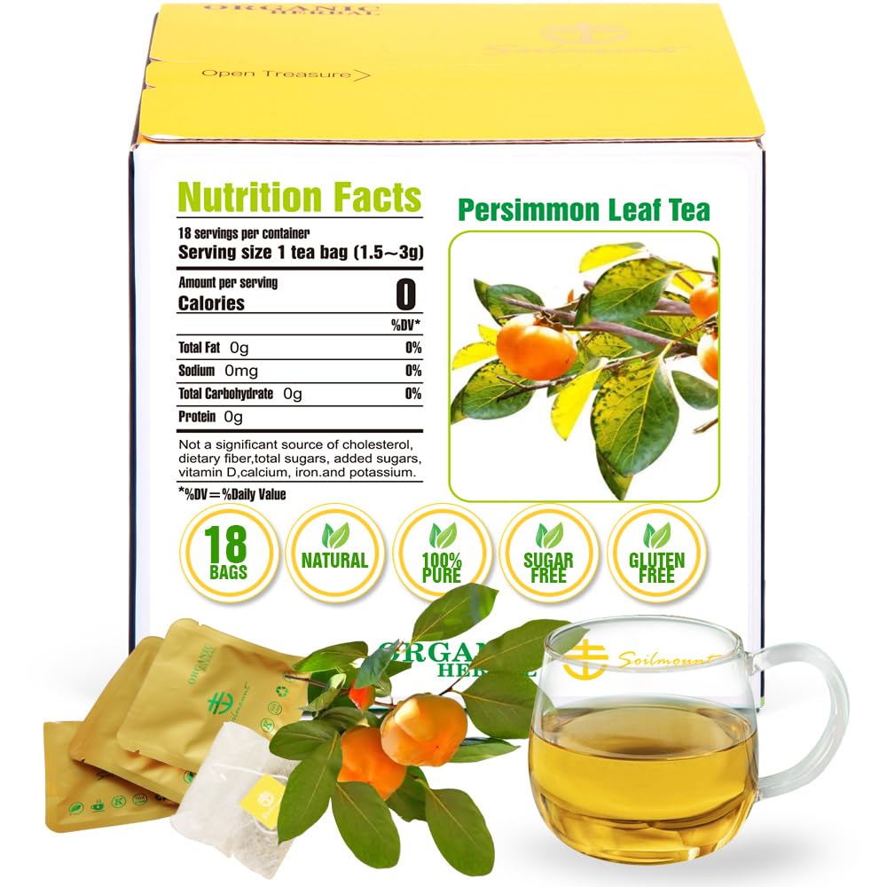 Soilmount Organic Persimmon Leaf Tea - 100% Natural, Caffeine-Free Herbal Tea, 18 Tea Bags
