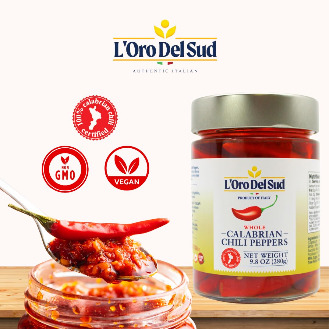 Certified Authentic, Whole Calabrian Chili Peppers In Oil, 9.8 Oz (280 G), Grown And Packed In Calabria Italy, Authentic Italian