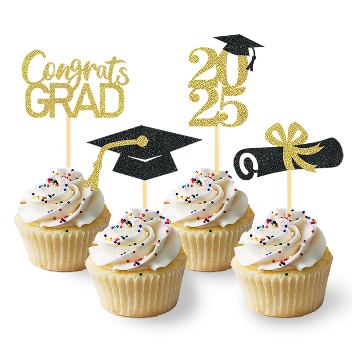 24Pcs Graduation Cupcake Toppers, Graduation Cupcake Picks For Cupcake Food Decorations - Class Of 2025 Cupcake Toppers Supplies (Gold)