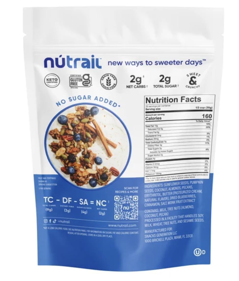 Nutrael Nut Granola Cereal, Blueberry Cinnamon, No Sugar Added, Keto, Gluten Free 624G