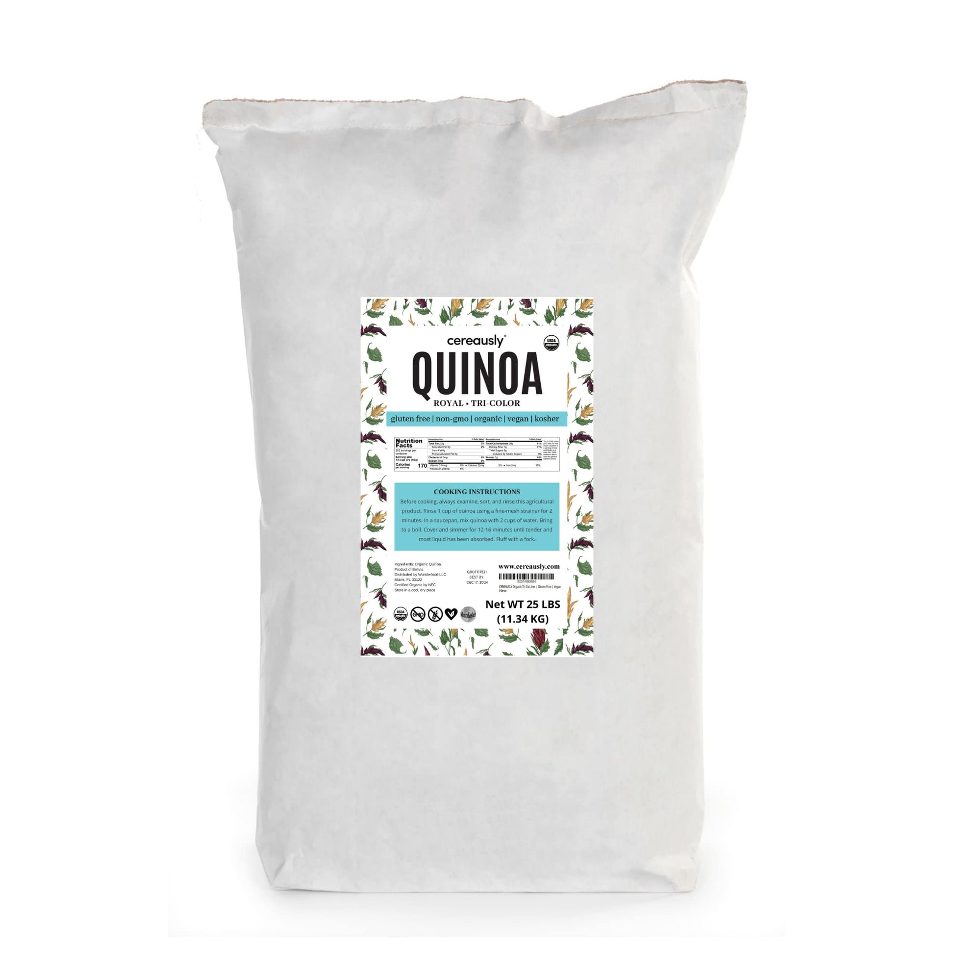 Cereausly Organic Tri-Color Quinoa, Non-GMO, Vegan, Gluten-Free, 25 LB