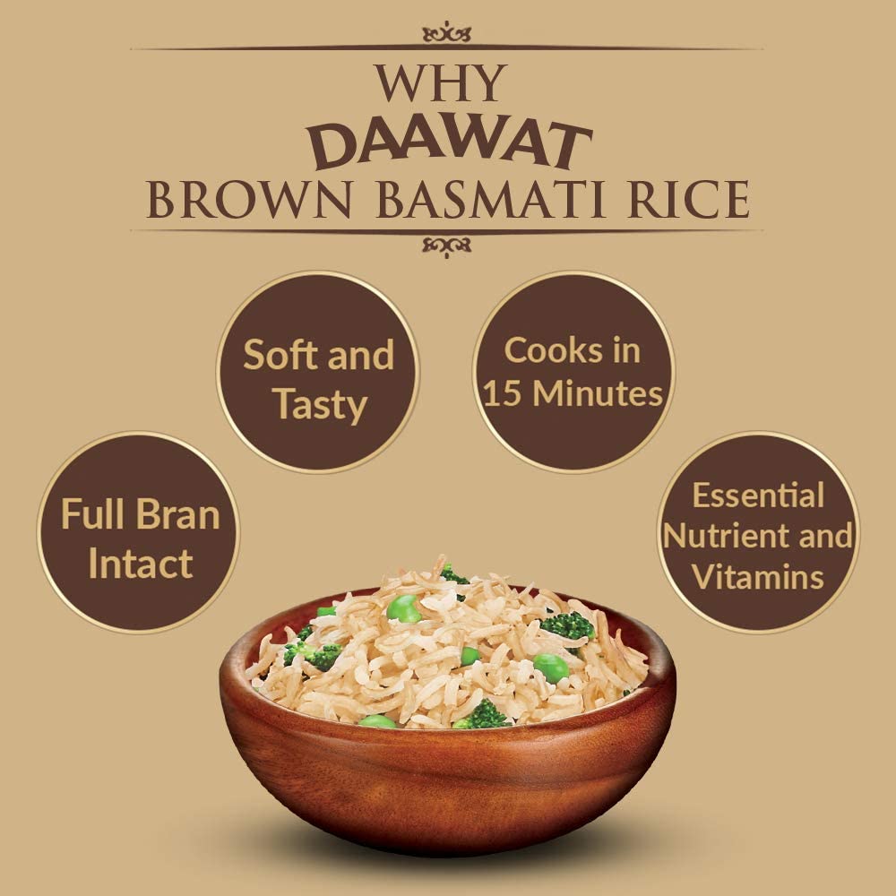 Daawat Brown, Cooks In 15-Minute, Full Bran Intact, Fibre-Rich Basmati Rice, 5 Kg