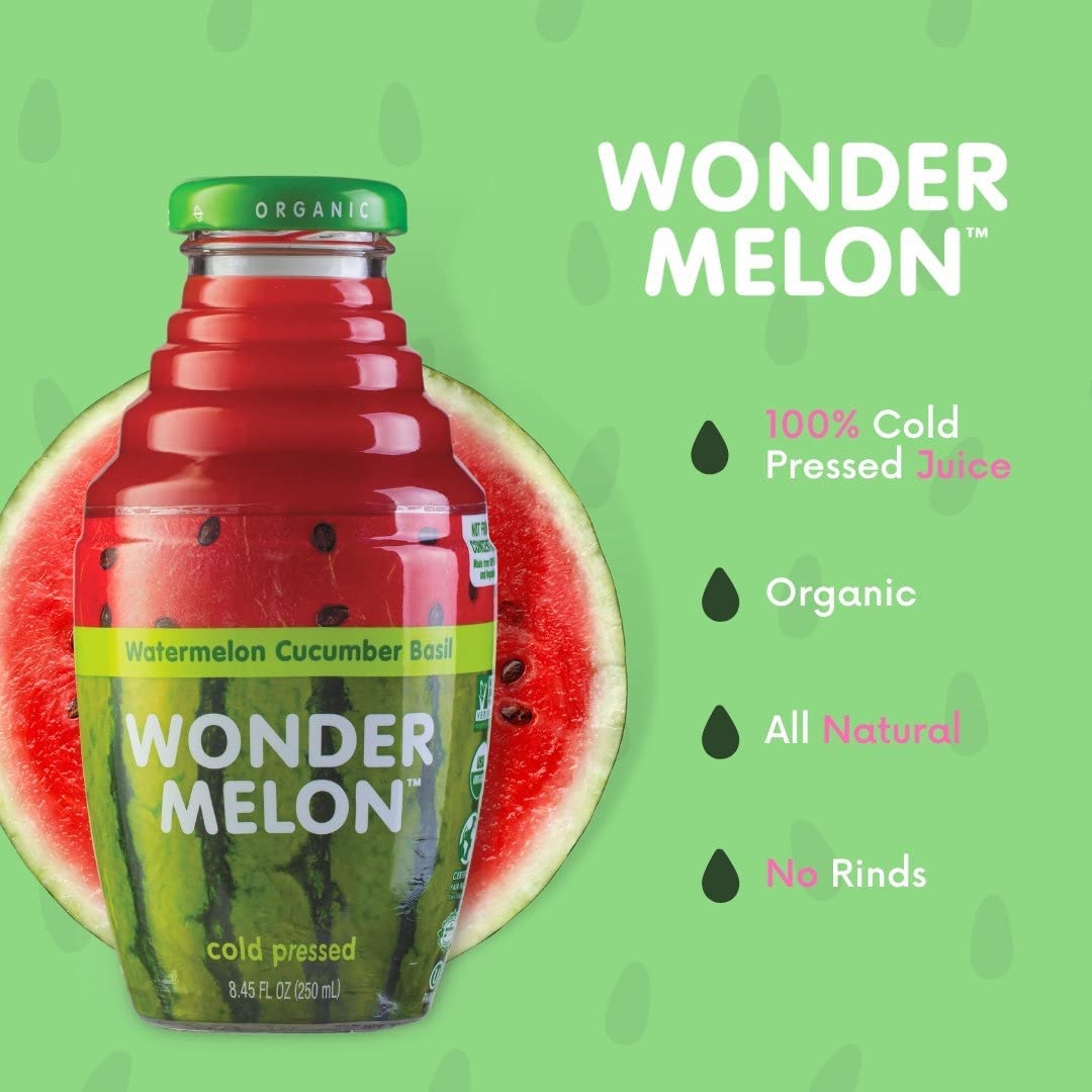 Wonder Melon Organic Watermelon Juice With Cucumber & Basil, 8.45Oz (6 Pack) 100% Juice, Cold Pressed