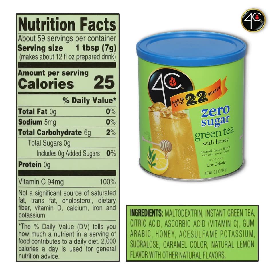 4C Light Powdered Drink Mix, Zero Sugar Green Tea, Family Size, 13.9 oz (Pack of 1), Low Calorie, 22 Quarts Total