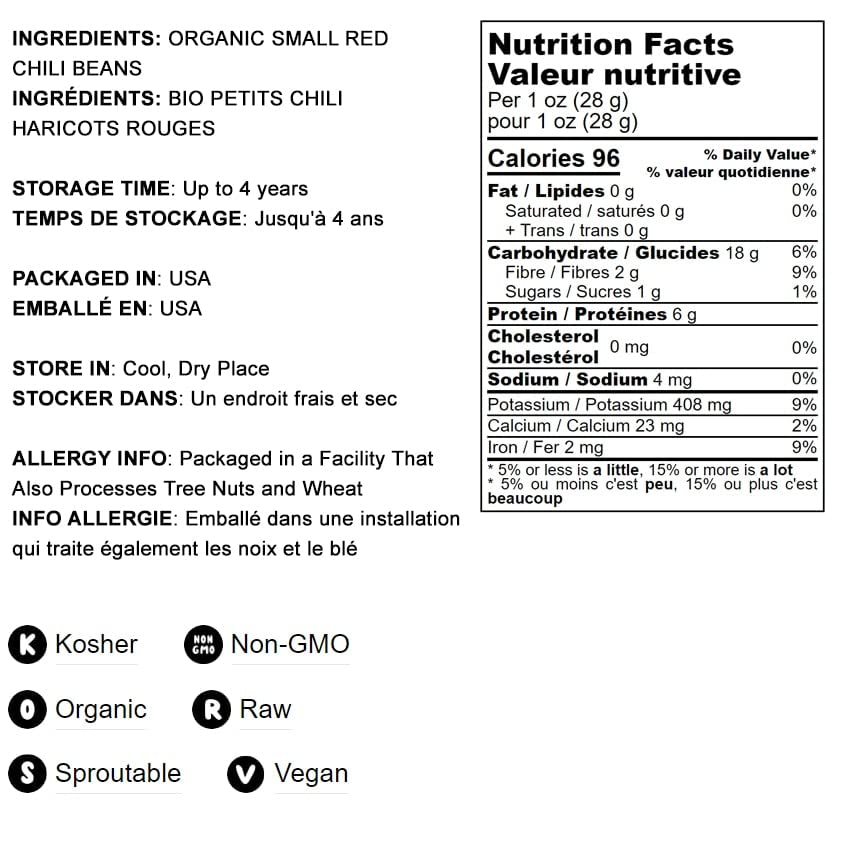 Food to Live Organic Small Red Chili Beans, 5 Pounds - Non-GMO, Kosher, Vegan, Dry, Raw, Sproutable, Non-Irradiated, Vegan, Bulk