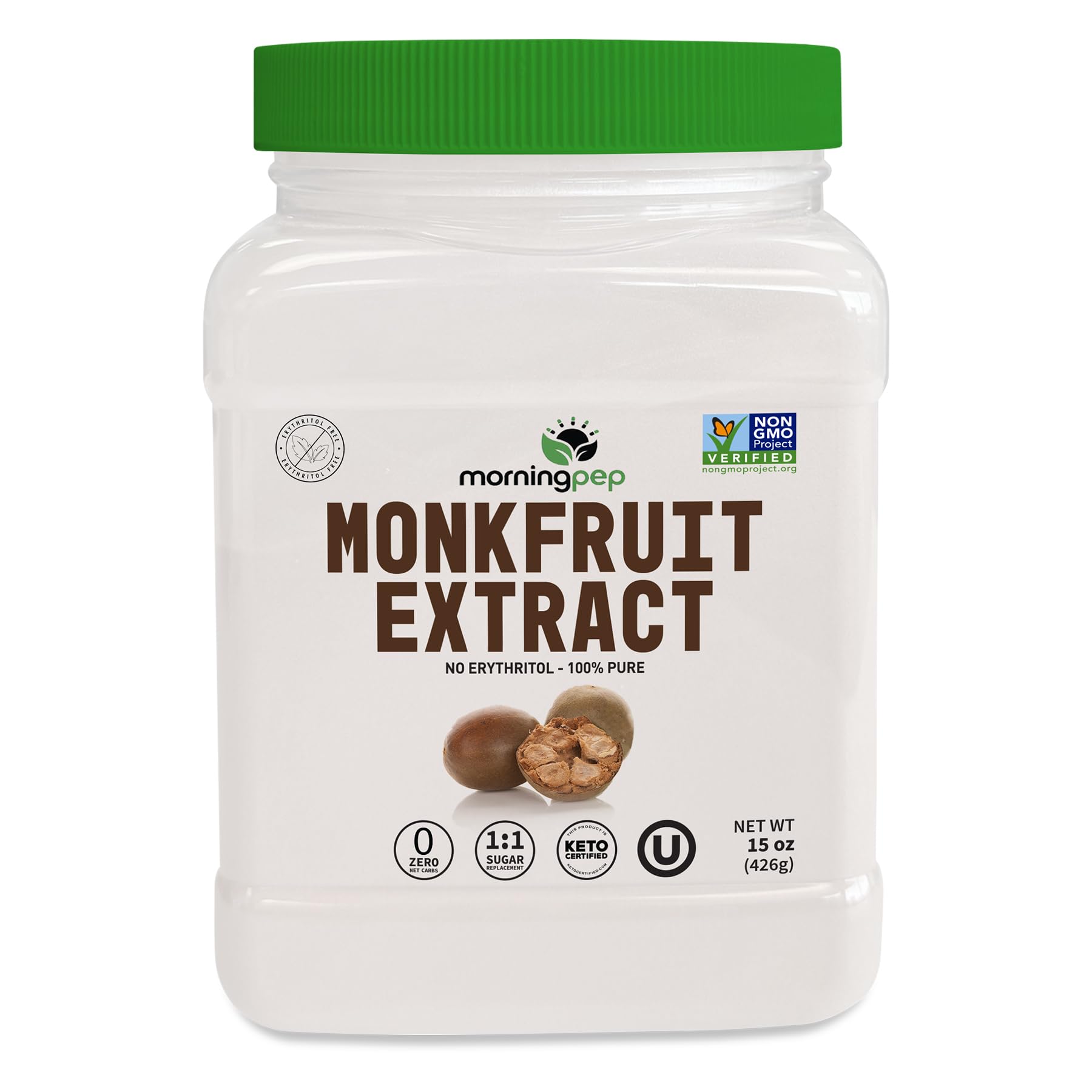 Morning Pep Monk Fruit Sweetener, 100% Pure, No Erythritol, Keto Certified, 15 oz