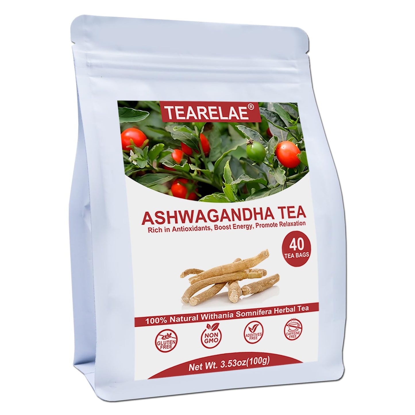 TEARELAE Ashwagandha Tea Bags - Premium Natural Cut & Sifted Ginseng Root - 40 Count - Non-GMO - Caffeine-free - Rich in Antioxidants