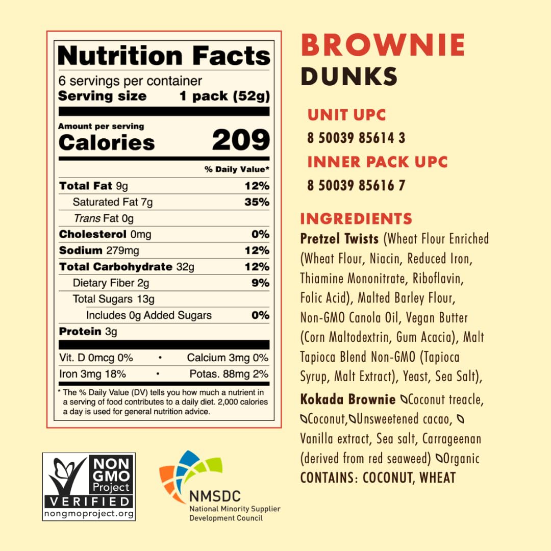 Kokada Dunks Brownie, Coconut Spread and Non-GMO Pretzels, Snack Packs, Lunchbox Snack, 1.9 Oz Each, 6 Pack