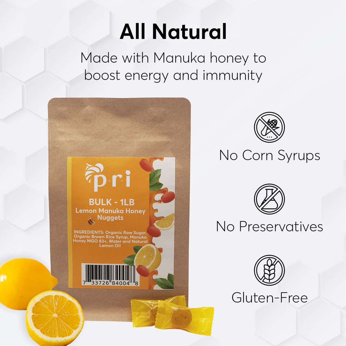 Pri Manuka Honey & Lemon Nuggets, Sweet And All Natural Hard Candy Treat, 1Lb