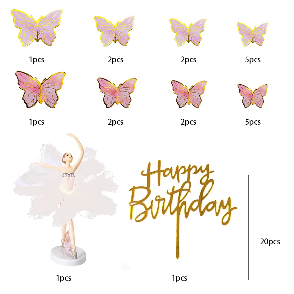 22Pcs Dancing Ballet Girls Butterfly Decoration Cake Topper For Happy Birthday Cake Toppers Girls Women'S Birthday Cake Party De