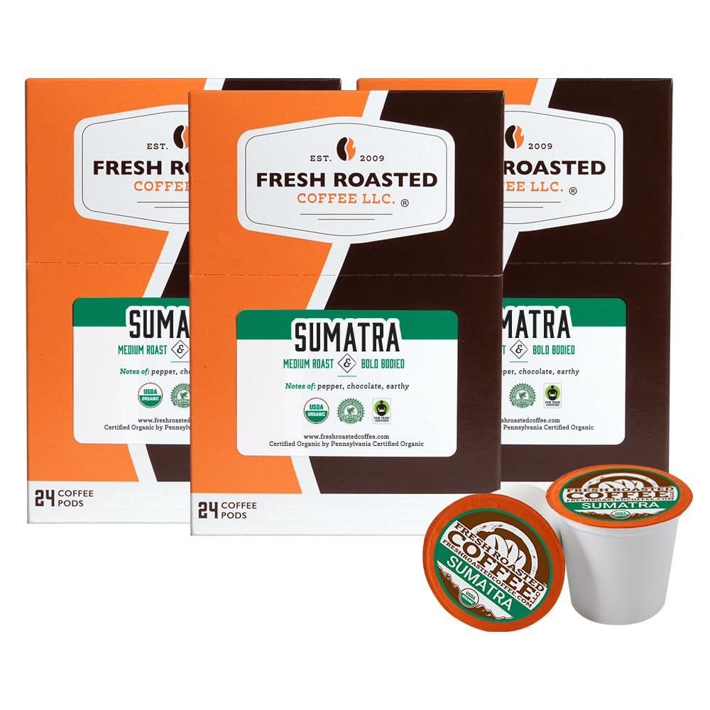 Fresh Roasted Coffee, Organic Sumatra | Single Origin | Medium Roast | Rfa Kosher | K-Cup Compatible | 72 Pods