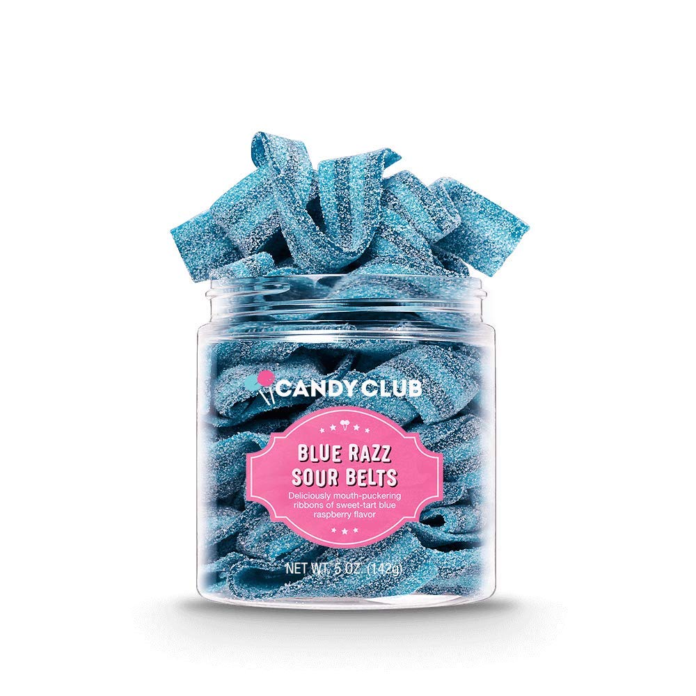 Candy Club Gourmet Gummy Blue Razz Sour Belts, Vegan, Sweet And Chewy Fruit Strips For Gifts, Parties, Snacks, Candy Buffets, Etc. - 5Oz Jar