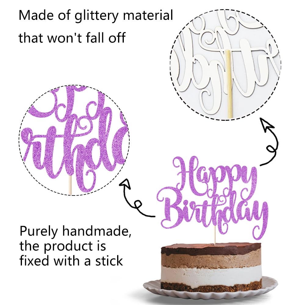 Fmiyuneea Happy Birthday Cake Topper- Glitter Happy Birthday Cake Decor, Handmade Anniversary/Birthday Party Supplies (Purple)