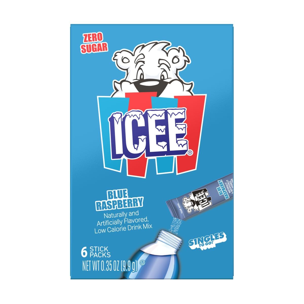 ICEE Singles To Go Variety Pack of 6-3 of Each - Cherry and Blue Raspberry - Zero Sugar Powdered Drink Mix - 6 Sticks Per Box -