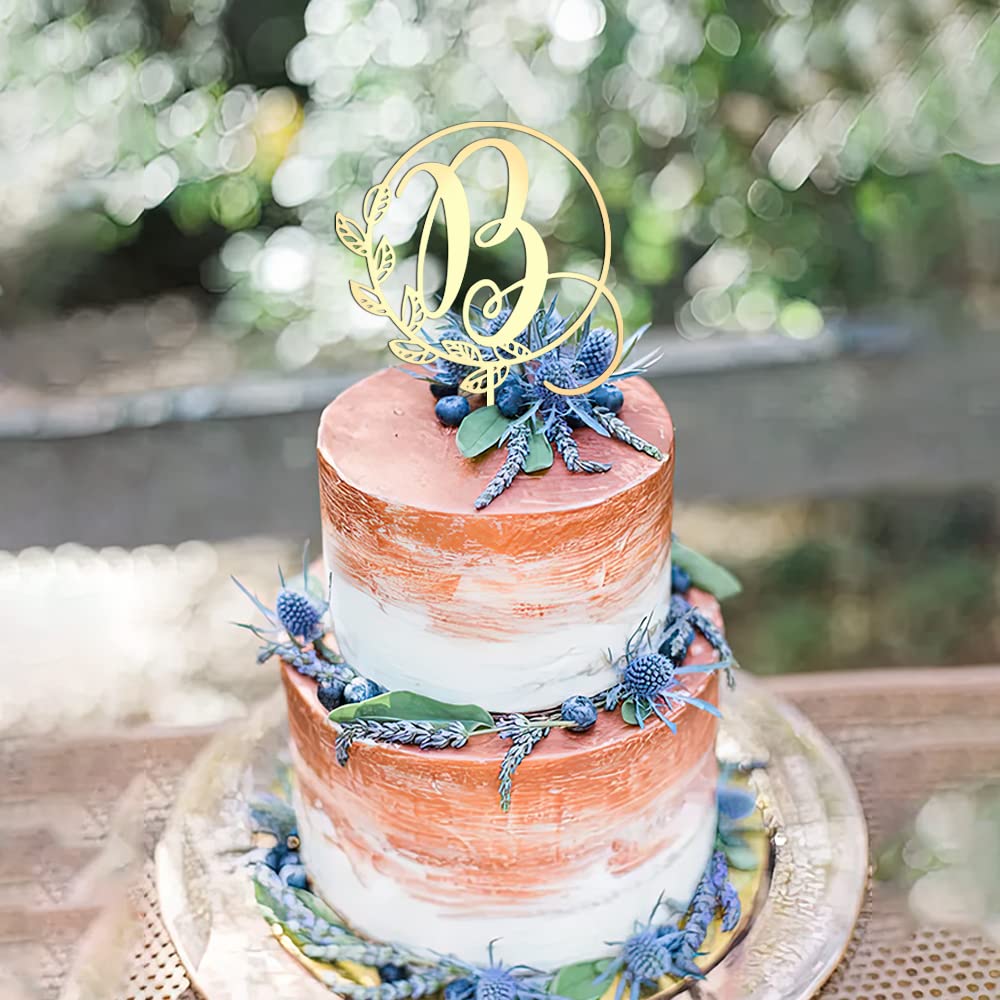 Kiskistonite Initials B Cake Topper, Monogram Cake Topper B, Rustic Wedding Cake Topper, Wreath Letter B Cake Topper, Mirror Gol