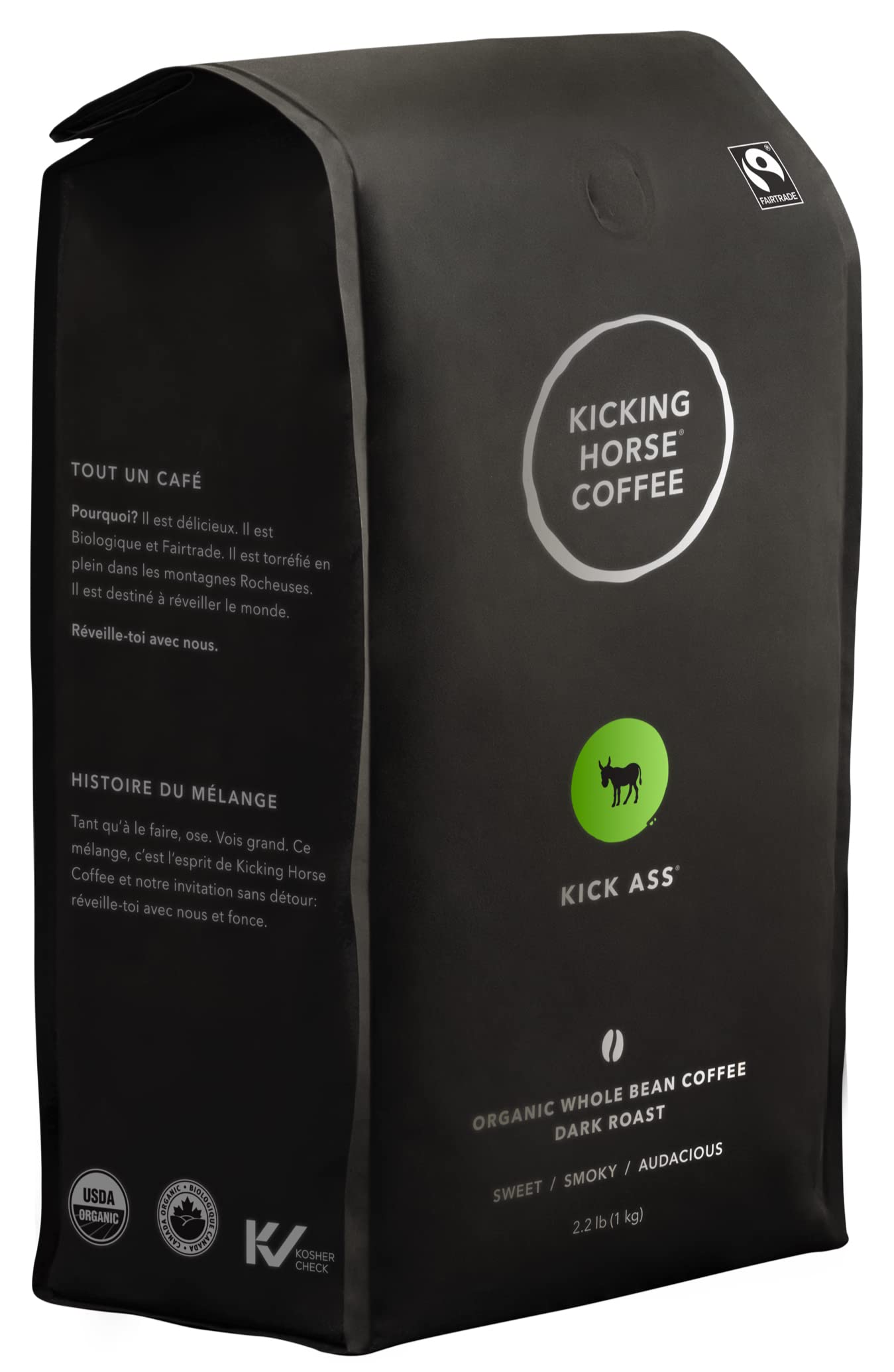 Kicking Horse Coffee Kick Ass, Dark Roast, Whole Bean, Certified Organic, Fairtrade, Kosher, Black, 1 Kg, Pack of 6