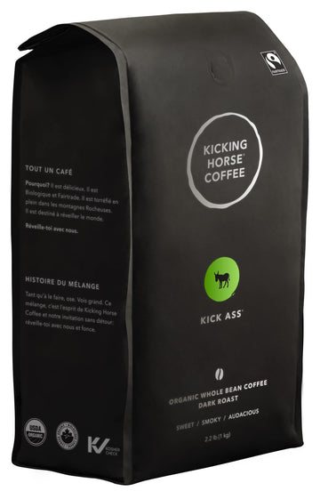 Kicking Horse Coffee Kick Ass, Dark Roast, Whole Bean, Certified Organic, Fairtrade, Kosher, Black, 1 Kg, Pack of 6