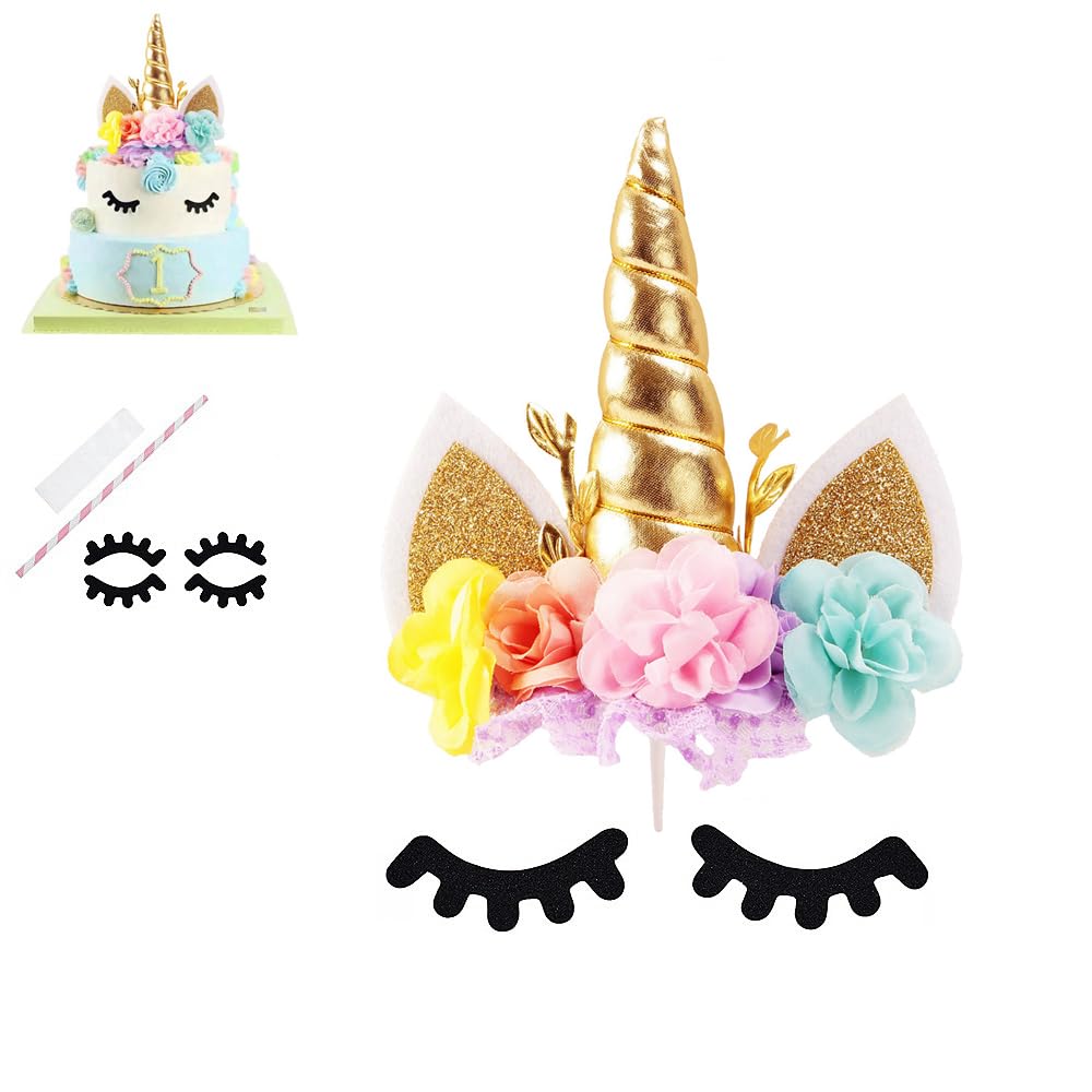 Nishine Rose Floral Unicorn Cake Topper Birthday Party Cake Decoration (Gold&Pink)