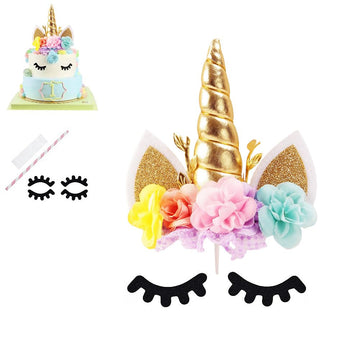 Nishine Rose Floral Unicorn Cake Topper Birthday Party Cake Decoration (Gold&Pink)