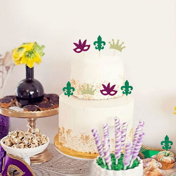 24 Pcs Mardi Gras Cupcake Toppers, Glitter Masquerade Masks Cupcake Toppers For Masquerade Mardi Gras Party Baby Shower Birthday
