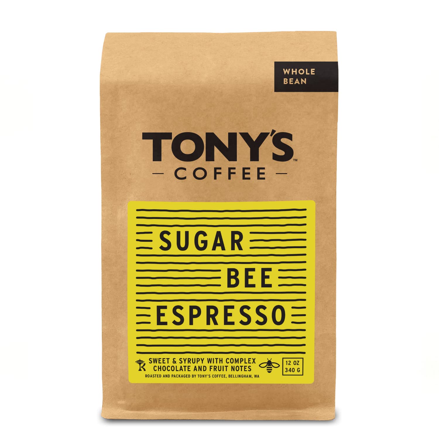 Tonys Coffee, Sugar Bee Espresso (12oz), Medium Roast Whole Bean Coffee
