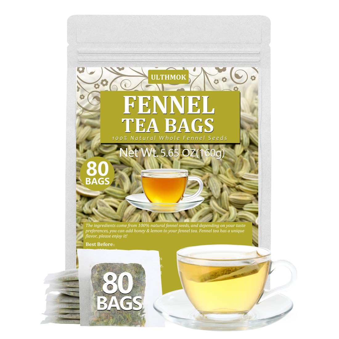 ULTHMOK Premium Fennel Tea Bags, Caffeine Free, 80 Count, Natural Whole Fennel Seeds