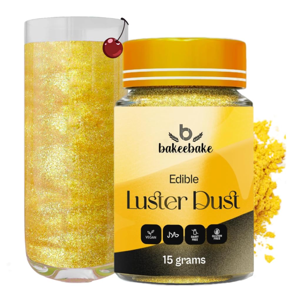 Bakeebake Gold Luster Dust Edible 15G - Edible Glitter For Drinks & Desserts - Gluten Free Edible Gold Dust For Cake Decorating – Tasteless Vegan Drink Glitter For Cocktails And Parties (Gold)