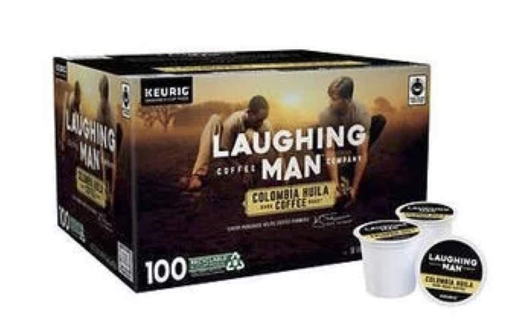 Laughing Man Dark Roast Coffee K-Cups, 100 Count, Colombia Huila, Pack of 1