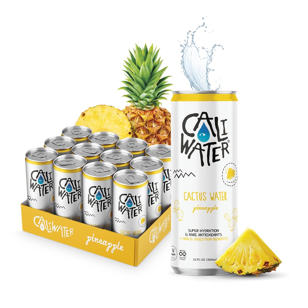 CALIWATER Organic Cactus Water, Pineapple Flavor, 12 Fl Oz (Pack of 12), 5g Sugar, 35 Calories, Plant-Based Hydration