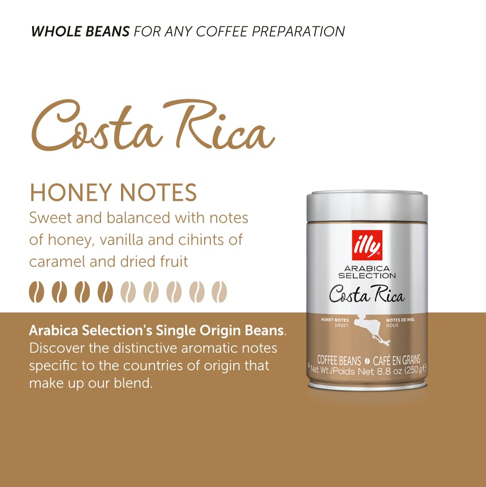 Illy Whole Bean Coffee - Perfectly Roasted Whole Coffee Beans – Costa Rica Medium Roast - With Notes Of Honey, Vanilla & Citrus - 100% Arabica Coffee - No Preservatives – 8.8 Ounce