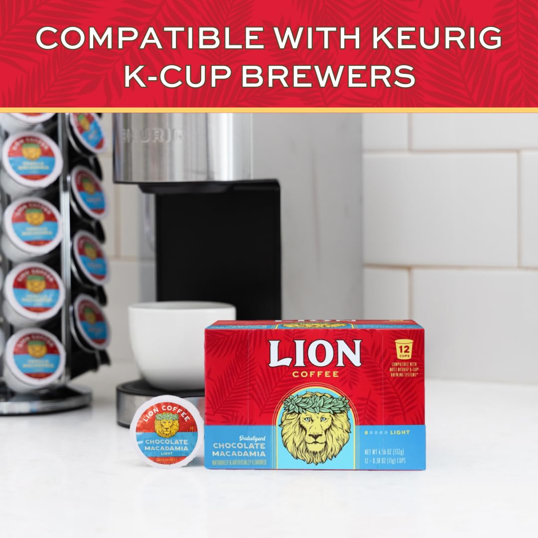 Lion Coffee Chocolate Macadamia Flavored Medium Roast Coffee Pods - Single-Serve Pods - Hawaiian Inspired Flavor - Arabica Coffe