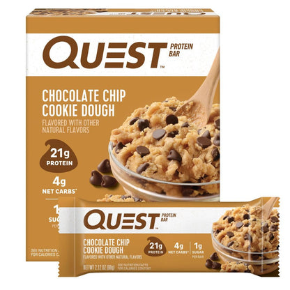 Quest Nutrition Chocolate Chip Cookie Dough Protein Bars, 21g Protein, 4, Net Carbs, 1g Sugar, Gluten Free, Keto Friendly, 4 Cou